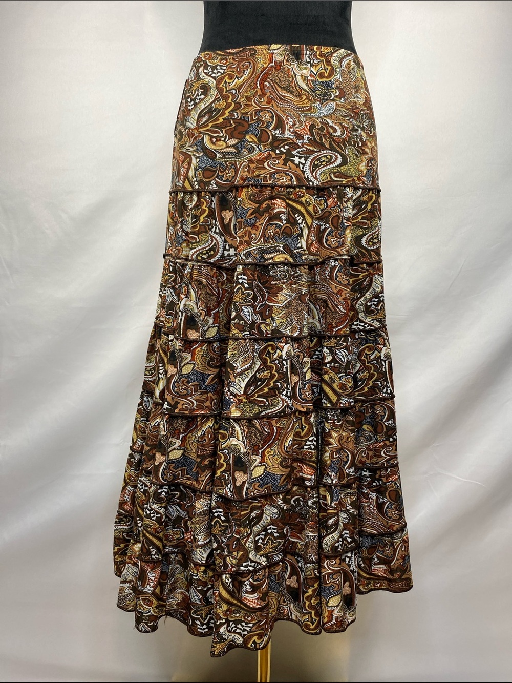 Vintage Y2K Metro Wear Brown Paisley Tiered Midi Skirt Drop Waist Size Small